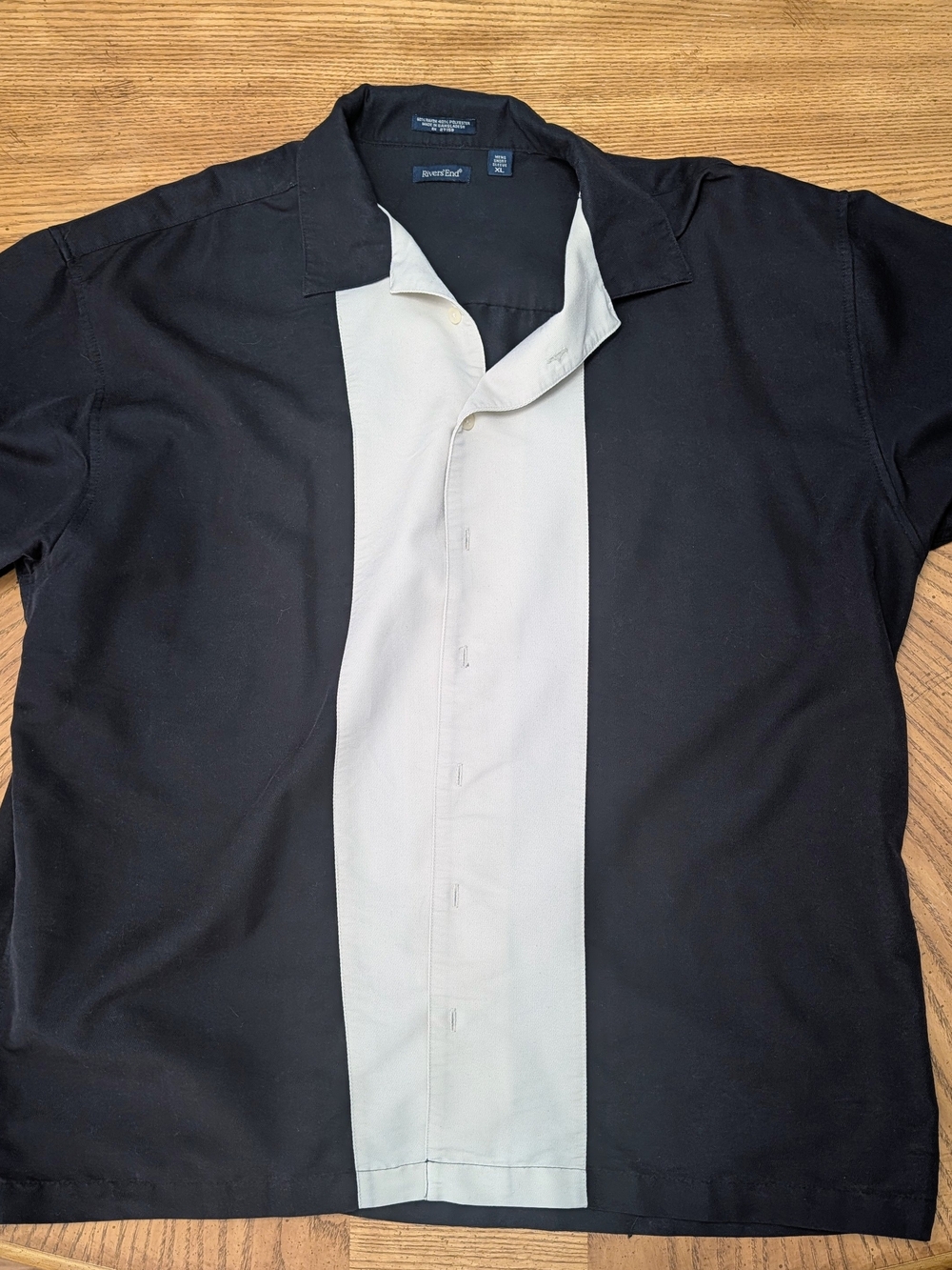 Resort-Style Black and Cream Vertical Panel Camp Shirt. 90's Charlie Sheen Style